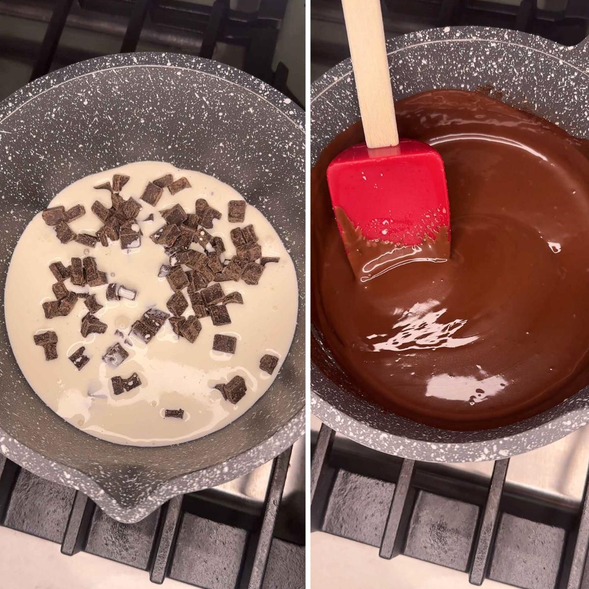 A grid of photos making ganache in a saucepan