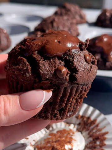 A hand holding an Olympic chocolate muffins with ganache on top