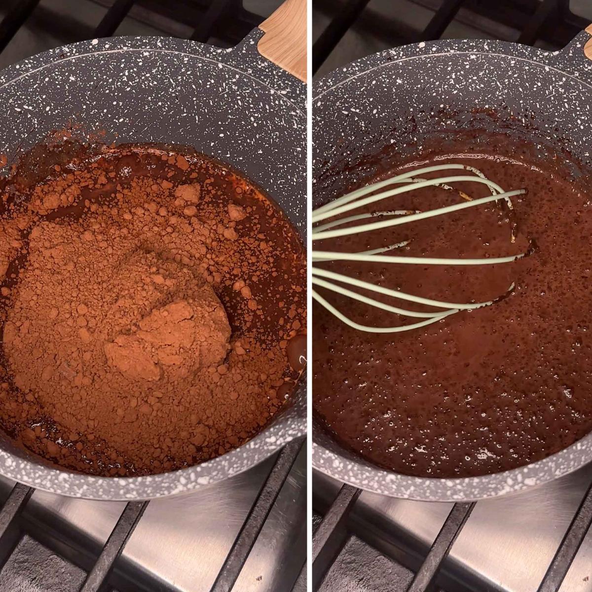 Cocoa and milk mixture in a saucepan for chocolate muffins